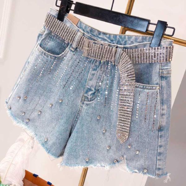 

2021 summer new fashion diamond denim shorts women high waist light blue personality denim wide leg jeans shorts1, White;black