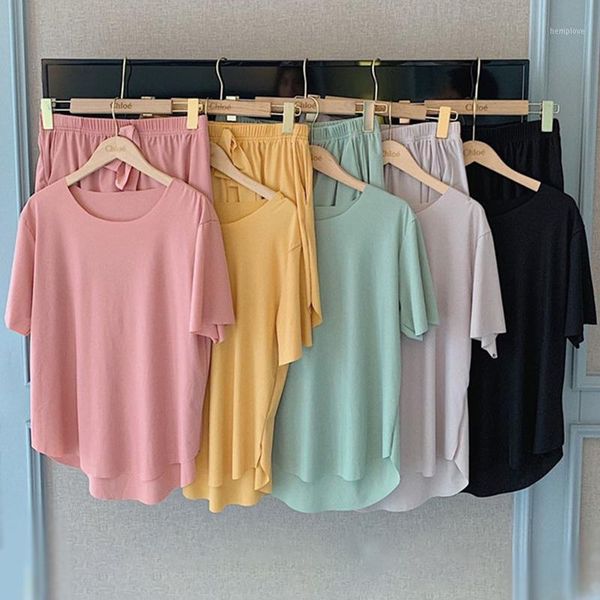 

women home service 2 piece suit o neck short sleeve loose t-shirt lace-up straight shorts casual comfortable sports female set1, Gray