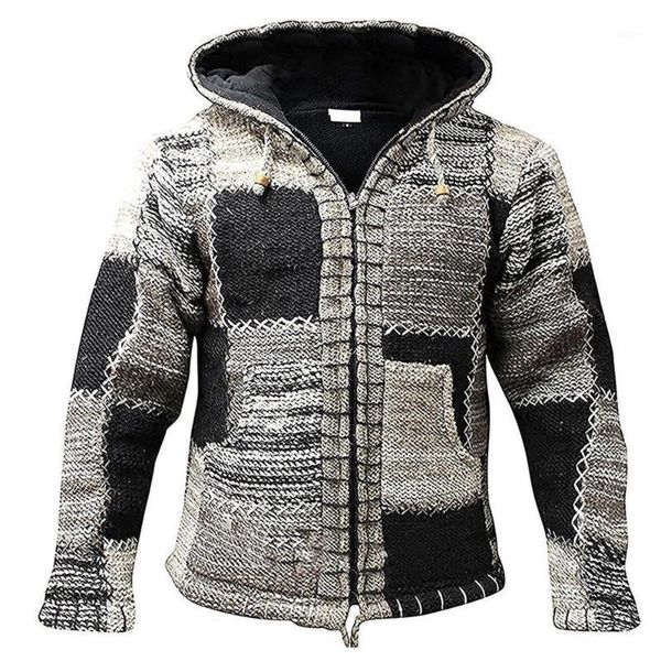 

autumn winter coat men ethnic style sweater hooded zipper patchwork coat men's jacket loose sweater men clothing1, Black;brown