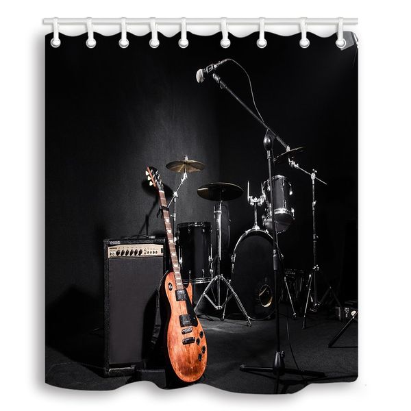 

musical instruments guitar with drum in black waterproof fabric shower curtain