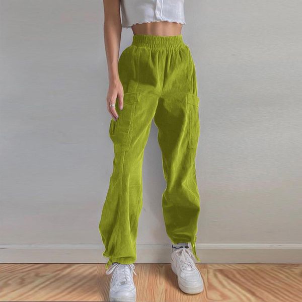 

women pants elastic waistband corduroy pockets ankle tied loose pant casual trousers autumn vintage leg pants pink green, Black;white