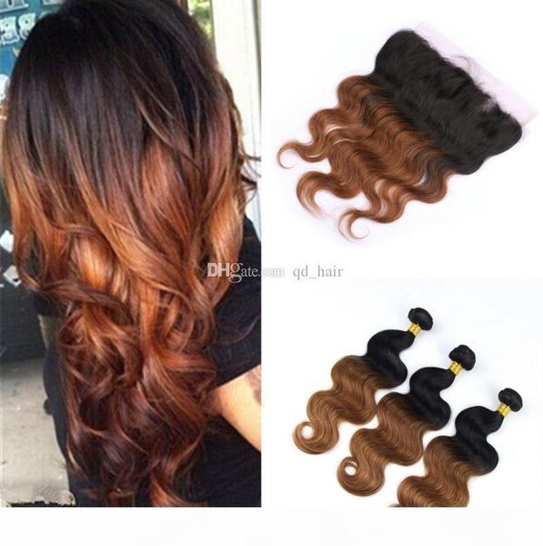 

medium auburn 1b 30 body wave human hair bundles with lace frontal ombre silk base 4x4 lace frontal with hair weft 4pcs lot, Black;brown