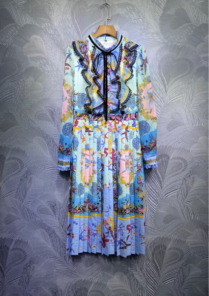 

milan runway dress 2021 o neck long sleeve print designer dress brand same style dress 0111-17, Black