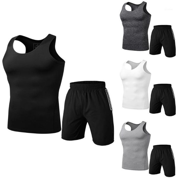 

men's tracksuits men's trend set casual sports slim fit summer sleeveless round collar polyester solid color t6111, Gray