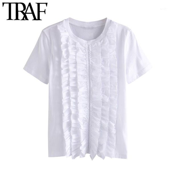 

kpytomoa women 2020 fashion ruffled white blouses vintage o neck short sleeve female shirts blusas chic 1