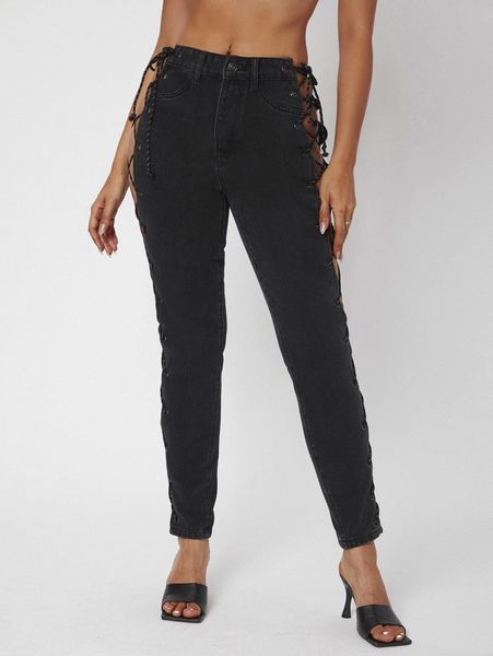 

sxy grommet lace up side skinny jeans c5tl#, Blue