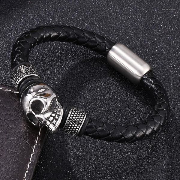 

black/brown leather 8mm braided bracelet men fashion jewelry skull stainless steel magnetic buckle trendy male woven bracelets1, Golden;silver