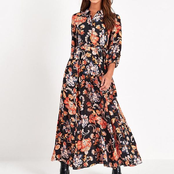 

vintage floral printed pockets maxi dress women boho 3/4 quarter sleeve dress turn down collar casual buttons up shirt dresses1, Black;gray