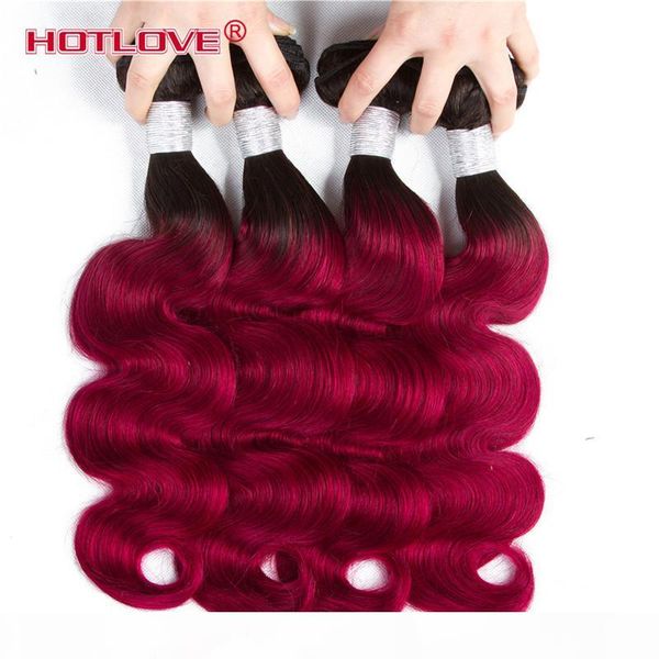 

pre-colored 1b burgundy two tone color ombre body wave 4 bundles lot 100% unprocessed virgin human hair extensions ombre hair weaving, Black
