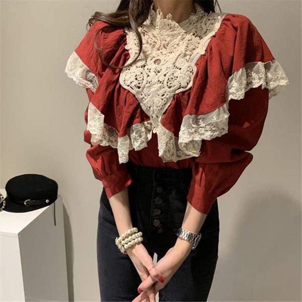 

streetwear retro all match fresh 2020 cotton linen sweet loose women patchwork lace casual basic shirts, White