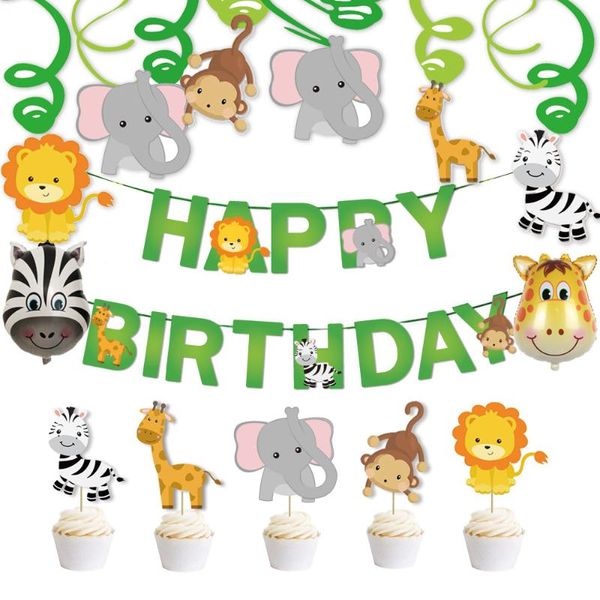 

green leaf animal birthday pull flag cartoon animal giraffe elephant zebra aluminum foil balloon birthday banner cake card fores