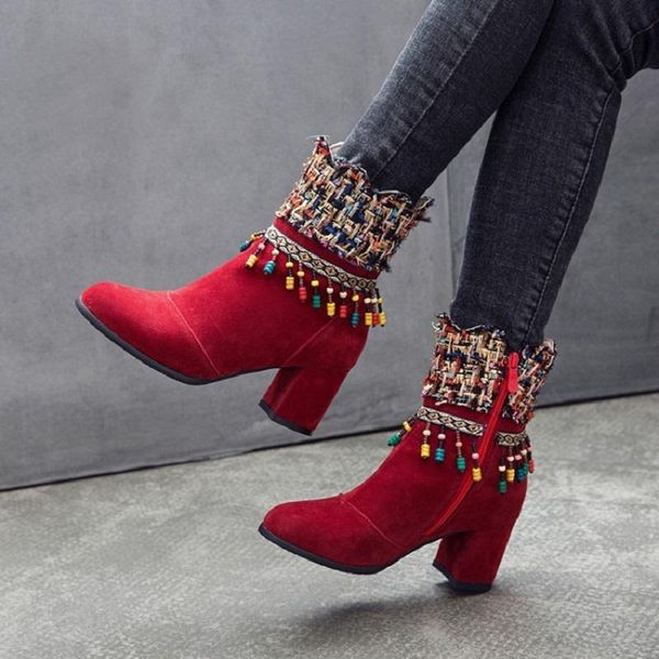 

boots woman shoes autumn winter high heels ankle for women string bead fringe big size zapatos de mujer, Black
