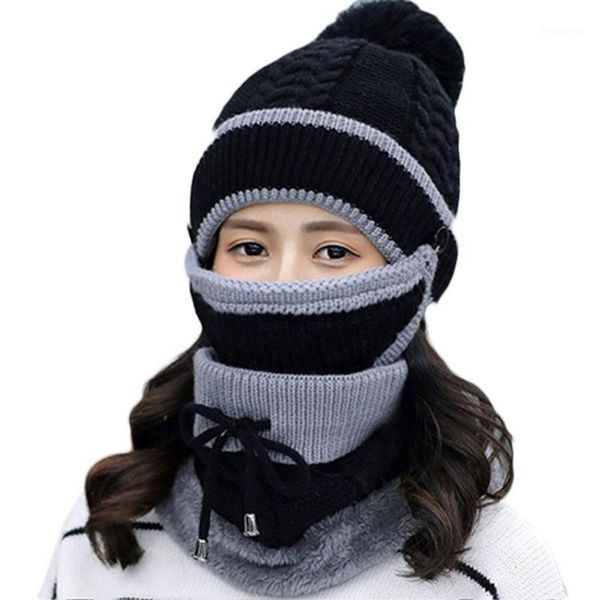 

hat women 2020 women knitted beanie scarf hat face mask set snood neck winter pompom cap thicken winter beanies for ladies1, Blue;gray