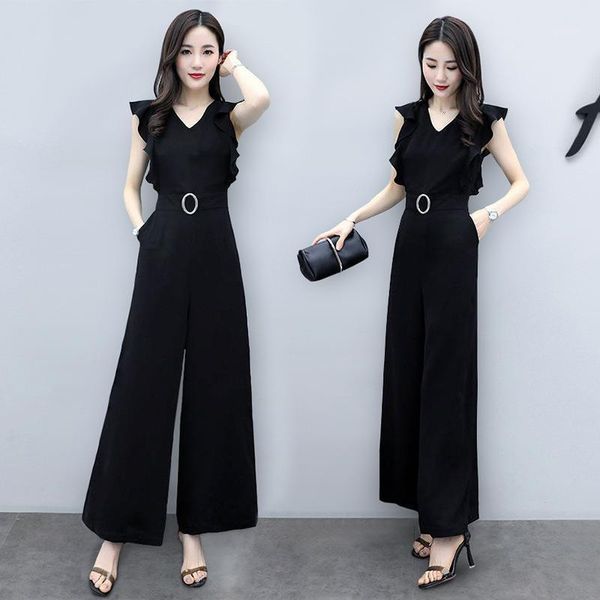 

elegant women's temperament sleeveless wide leg jumpsuit female 2020 new high waist v-neck loose loose thinfashion jumpsuit tide1, Black;white