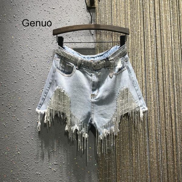 

women's shorts rhinestone tassel high waist a-line denim women 2021 summer heavy industry fashion wide leg jeans, White;black