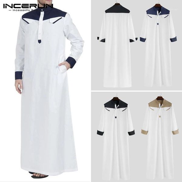 

2020 summer men stand collar long sleeve robes men long shirts arab islamic muslim kaftan patchwork loose saudi arabia dubai1, White;black