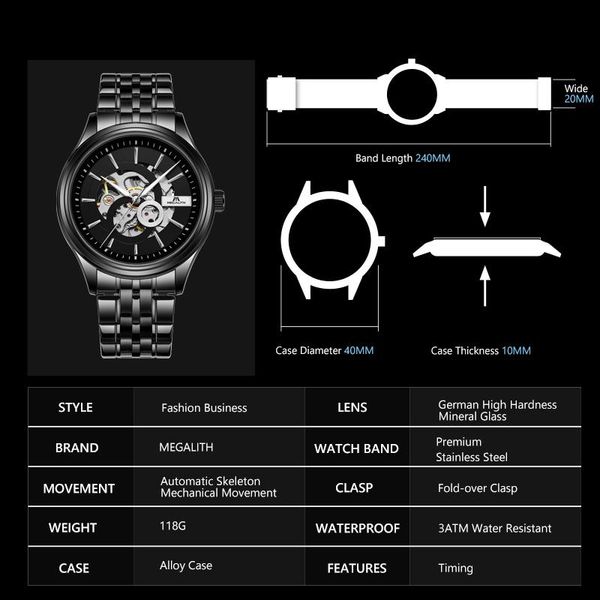 

megalith мода роскошные часы матеры механические часы мужская бизнес сталь ремешок скелет наручный часовой подарок для мужа часы wmtqhv hwjh, Silver
