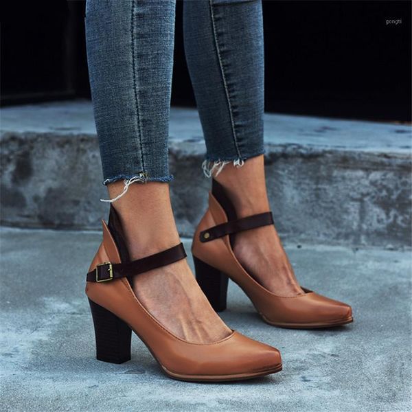 

dress shoes 2021 autumn leather pumps fashion retro buckle pointy toe high heels women party casual square-heel zapatos de mujer1, Black