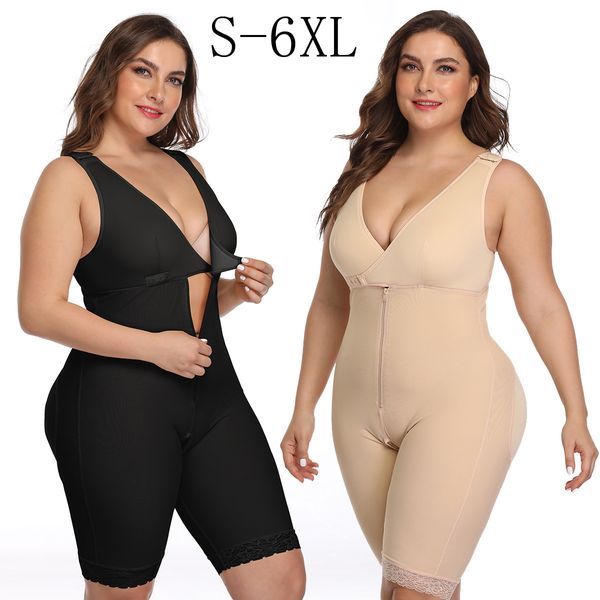 

women's slimming underwear open crotch body shaper tummy control plus size 6xl bodysuit deep v overbust shapewear slim waist t200707, Black;white