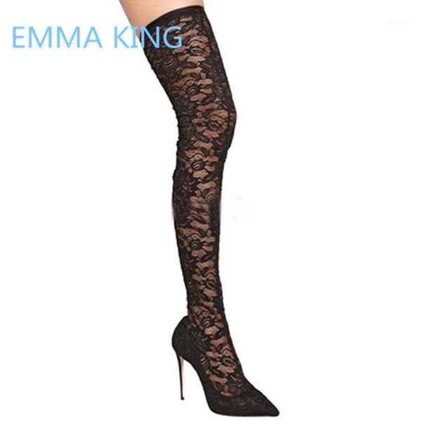 

boots fashion black lace women's summer over the knee pointed toe high heels ladies night club shoes woman long boots1