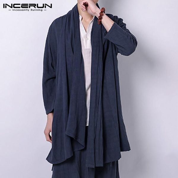 

incerun fashion men solid color long sleeve elegant cardigan trench street trend scarf collar mens thin cotton casual outerwear1, Tan;black