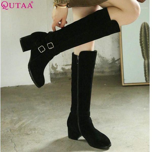 

qutaa 2020 women knee high boots kid suede square med heel all match round toe zipper women motorcycle boots size 34-401, Black