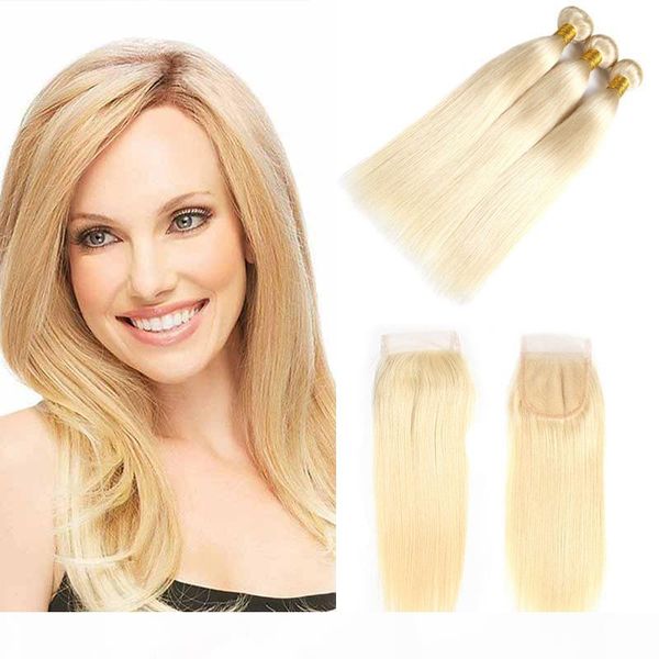 

brazilian silk straight human hair weave 3 bundles 613 blonde human hair bundles with 4x4 part lace closure honey platinum virgin hair, Black;brown