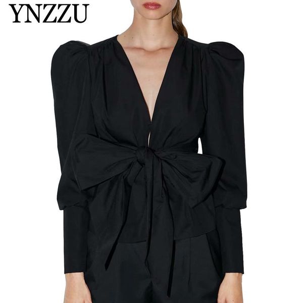 

ynzzu 2020 autumn 100% cotton black women's jacket bow puff sleeve v-neck slim ladies outerwear short long sleeve coat yo839, Black;brown