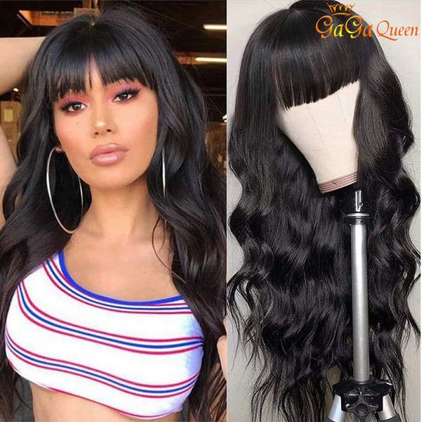 

peruvian body wave human hair wig 150% density body wave hair wigs with bangs for women, Black;brown