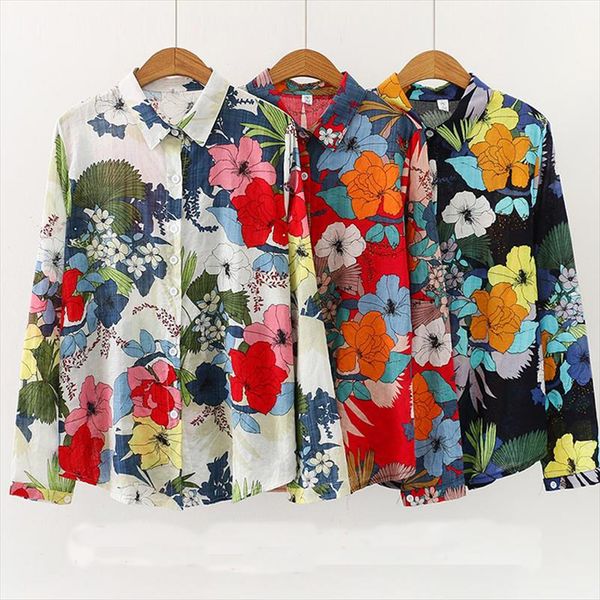 

2020 summer cotton hawaii shirts 3colors floral women blouses long sleeve shirt camisas femininas female fashion shirt, White