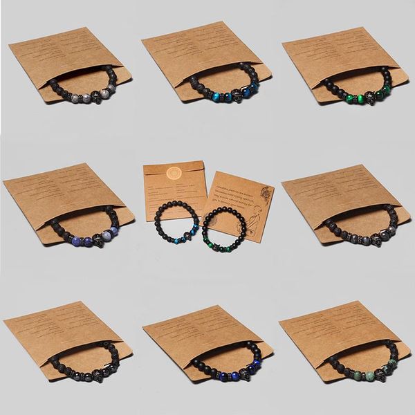 

beaded, strands package with bracelets men wolf head charm bangle 8 mm black lava stone beads pulsera handmade elastic bracelet women jewelr