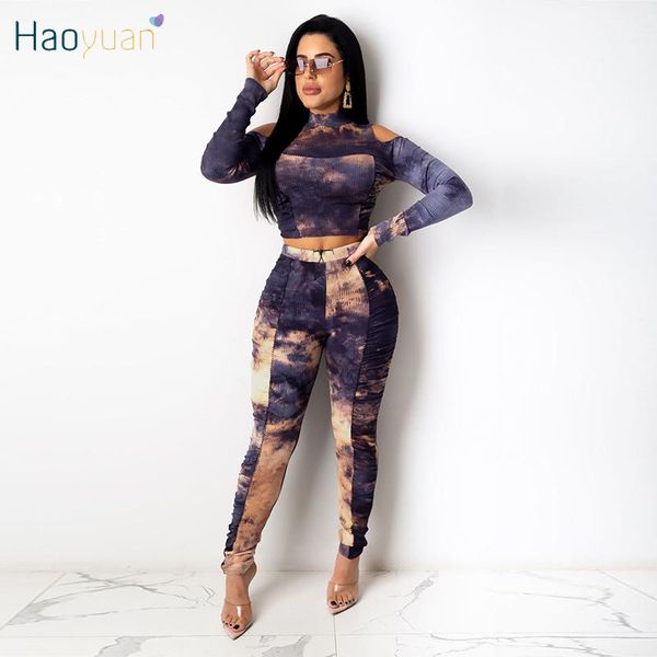 

haoyuan tie dye knitted two piece set off shoulder crop fitness pants fall winter clothing for women fashion outfits, Gray