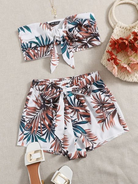 

tie front tropical print tube & shorts set t3z4#, White