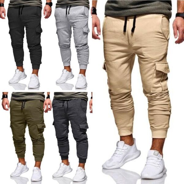 

men joggers pants casual sport long pocket drawstring cotton tracksuit fitness sport gym workout autumn jogger trousers, Black