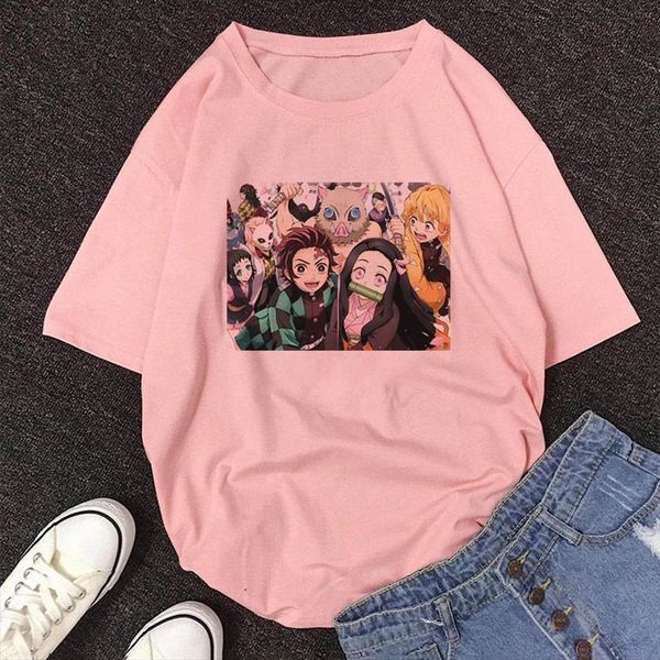 

japanese anime demon slayer t shirt women ulzzang harajuku pink short sleeve tshirt cartoon graphic kimetsu no yaiba casual, White