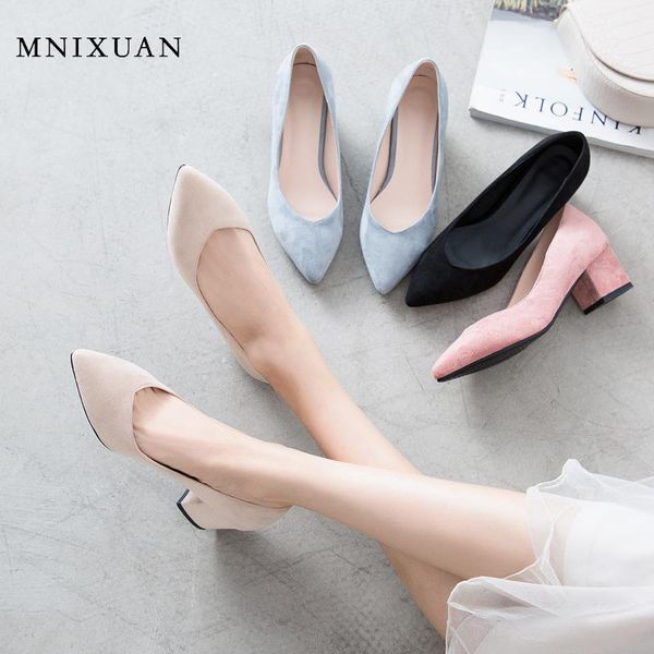 

mnixuan latest shoes for women blue shoe pumps high heels 2020 new suede pointed toe slip on thick heel office shoes big size 42 lj200928, Black