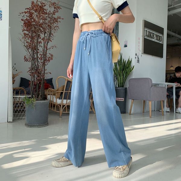 

2021 new korean summer denim casual thin legged pants female jeans high-waist elastic waistline drape yg2y, Blue