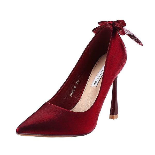 Lady sexy rosso vino slip on eleganti tacchi a spillo con papillon posteriore donna casual dolce notte club scarpe con tacco A6705