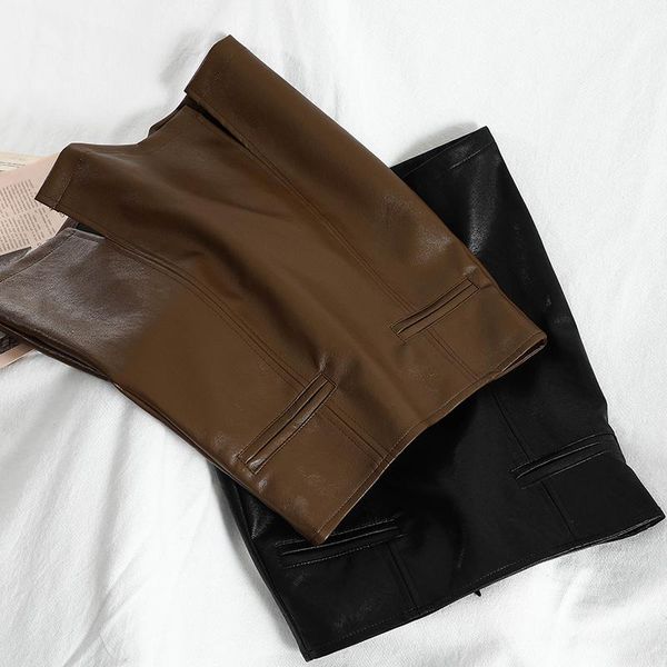 

women mini skirt korean solid a-line high waist pu leather work office ladies skirts streetwear, Black