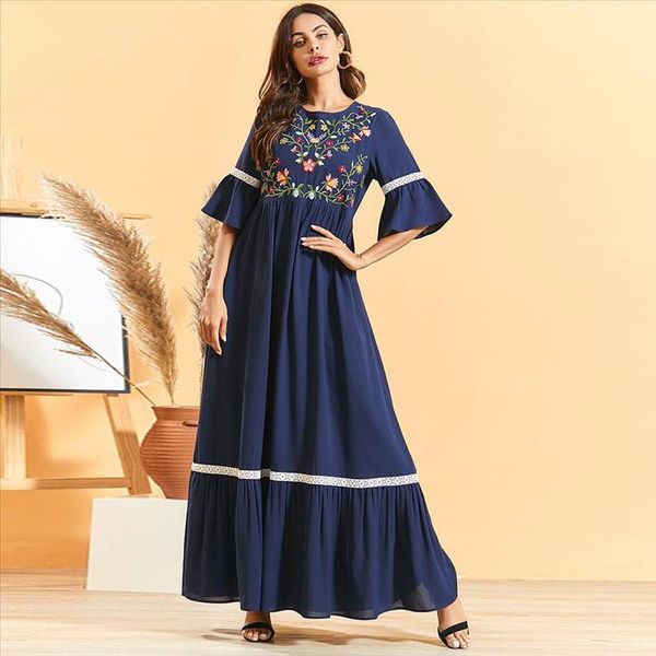 

maxi dress summer 2020 elegant navy blue floral embroidery lace patchwork flare sleeve pleated swing a line dresses new, Black;gray