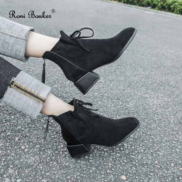

roni bouker 2019 women's autumn winter lace up booties women faux fur ankle shoes woman brown soft suede boots size 42 dropship y200723, Black