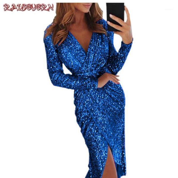 

raisevern sequin dress women party dress summer v-neck wrap ruched long sleeve nightclub sequined robe femme vestidos1, Black;gray