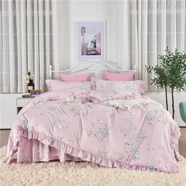

bedding sets korean princess for girl floral ruffles skirt-style set cotton pink ropa de cama couvre lit pillow sham duvet cover