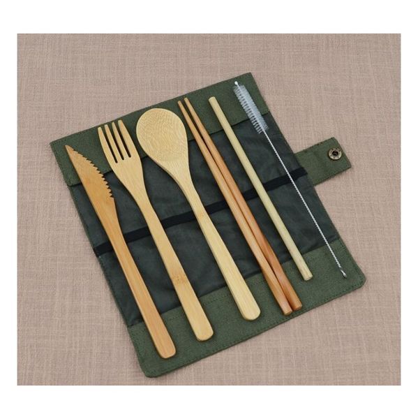 

7pcs/set portable cutlery set outdoor travel bamboo flatware set knife chopsticks fork spoon dinnerware sets for s jllmnj sinabag