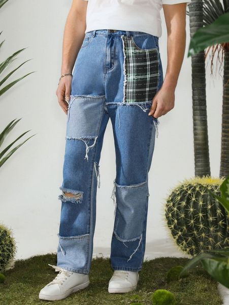 

men plaid panel patched raw trim jeans y1py#, Blue