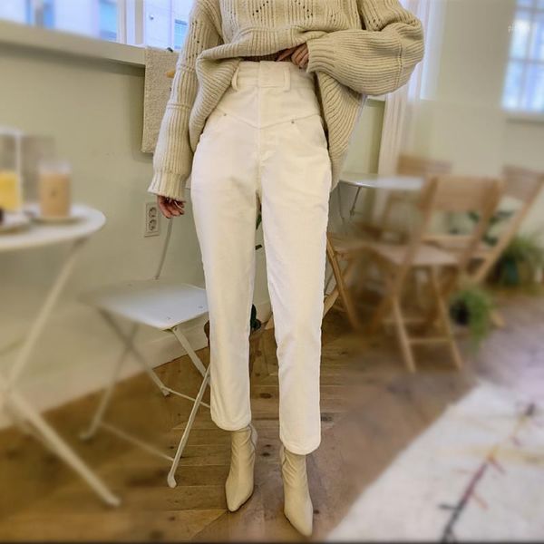 

alien kitty 2020 autumn women trousers solid female harem pants high waist two-buttons corduroy casual office lady all match1, Black;white