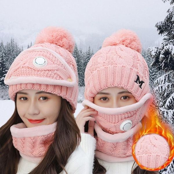 

winter hats women winter knit beanies hat with bib and mask female ear protection skullies hat warm velvet thick riding wool cap, Blue;gray