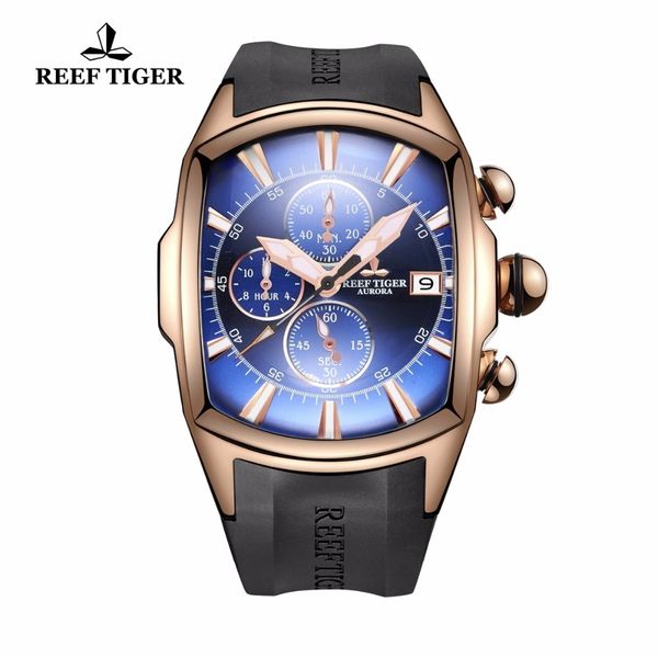 

reef tiger/rt brand big sport watches chronograph waterproof stainless steel blue dial mens watch relogio masculino rga3069-t t200409, Slivery;brown