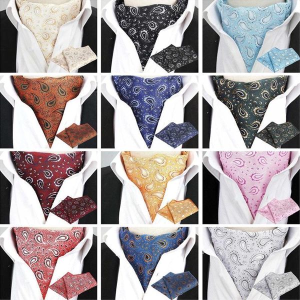 

men classic floral paisley cravat ascot necktie handkerchief pocket square set bwtqn03211, Black;gray