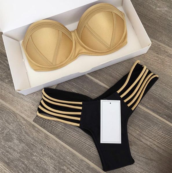 

2020 fashion women bra push-up bikini set swimsuit ladies gold triangle patchwork padded swimwear bathing suits biquini swimwear1